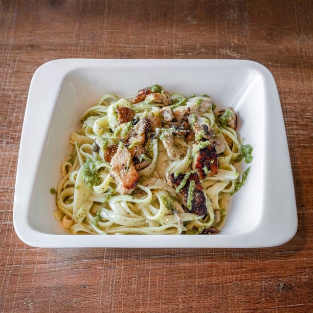 Fresh Chicken Pesto Fettuccine.